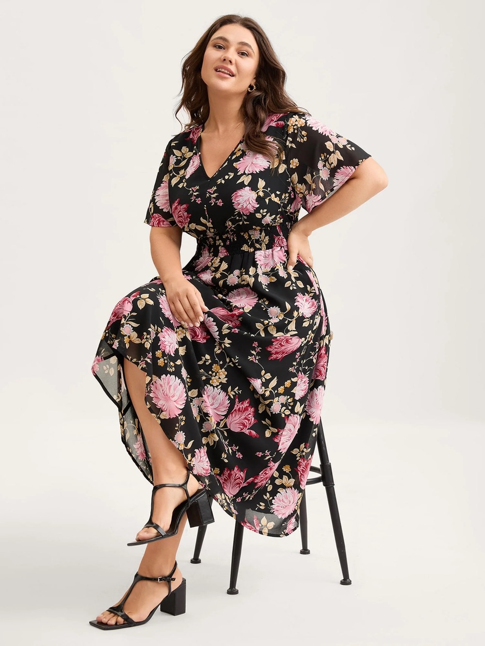 BloomChic Black Floral V-Neck Maxi Dress with Pink Blooms